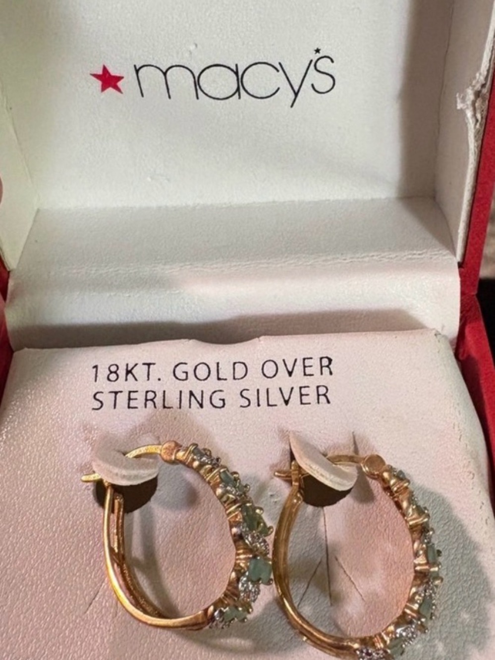 Macy's 18KT Gold Over Sterling Silver Hoop Earrings with Green Stones - Picture 4 of 4